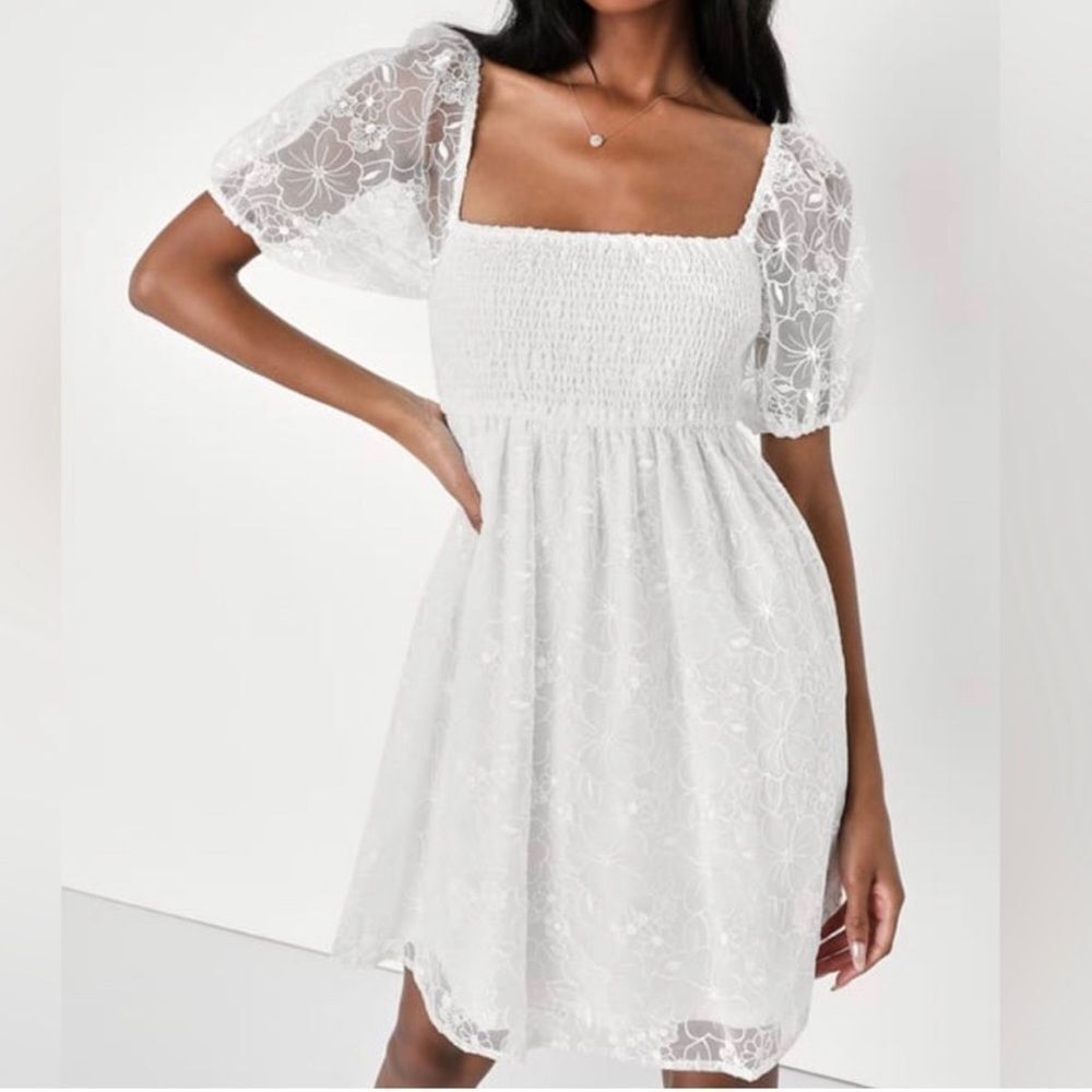 Lulu’s White Lace Babydoll Puff Dress